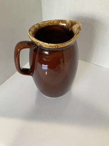 Vintage Small Hull USA Pottery DRIP GLAZE Brown Pitcher- Oven Proof 6.5" Quart
