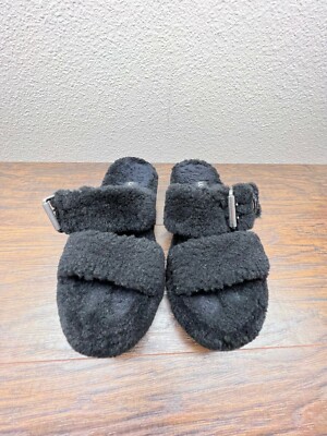 UGG Fuzz Yeah Black Fur Comfort Slide Sandals Women's Size 7