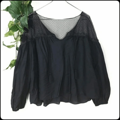 NWT Townsen Women's Black Piper Chiffon Tasseled Peasant Top Size: Small