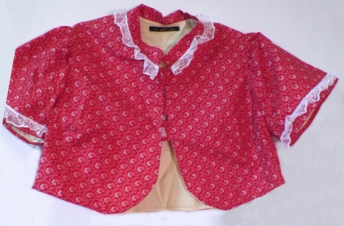 Bed Jacket, M NEW Reversible RED WHITE FLORAL SWIRLS Lace Collar Cuffs Solid Tan