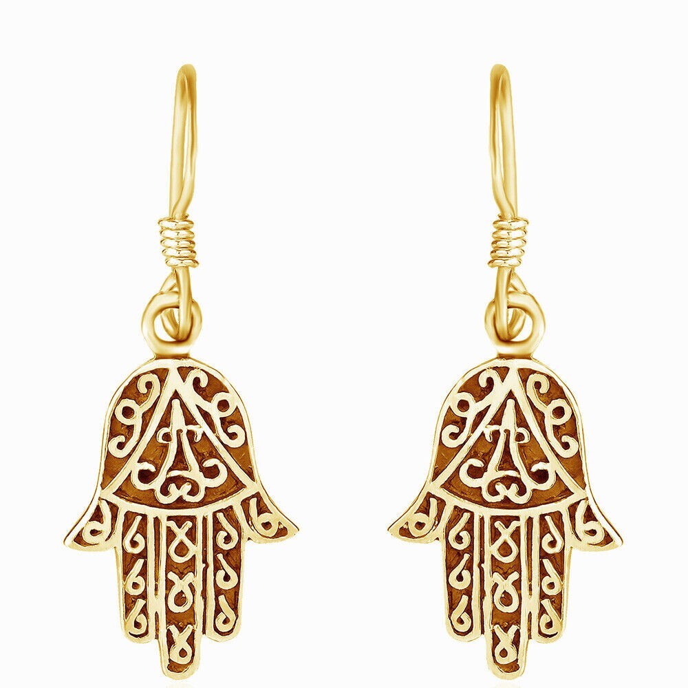 Delicate Swirl Hamsa Hand Dangle Earrings 14K Yellow Gold Plated