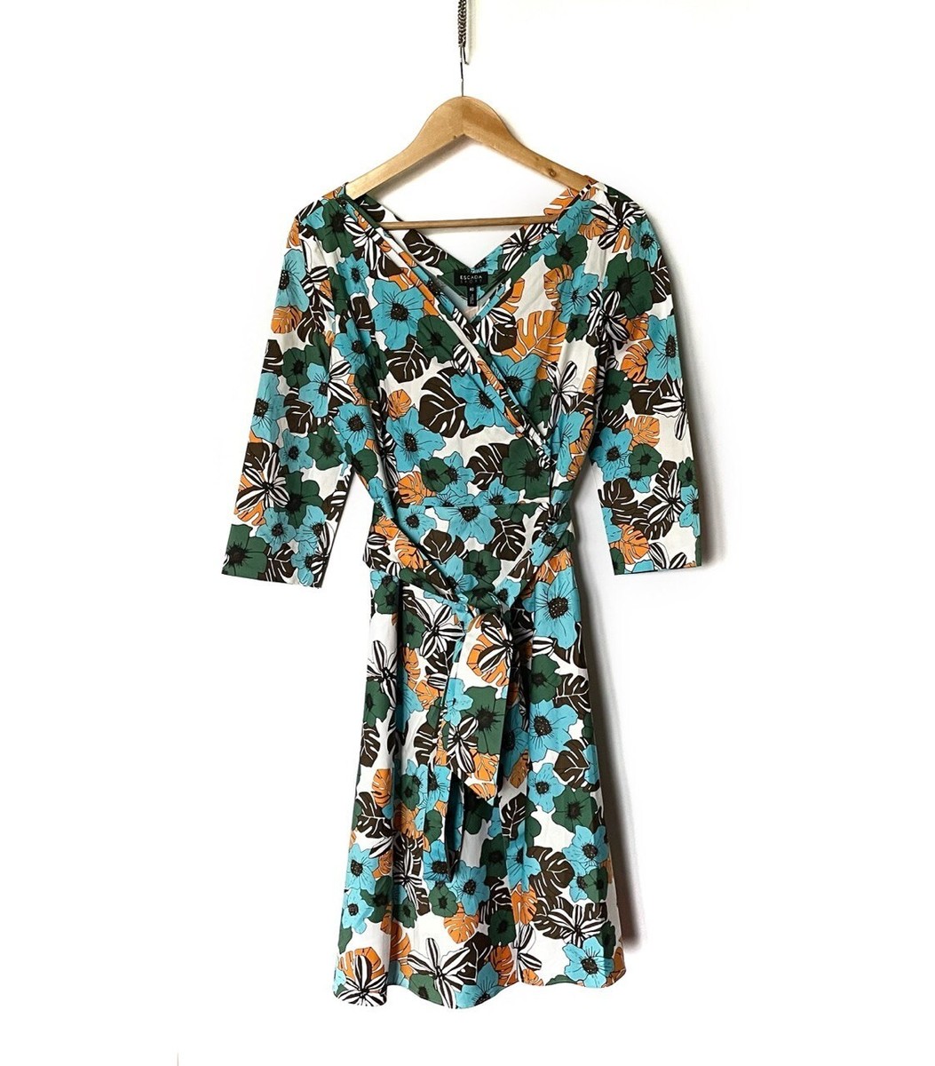 escada a line dress Sport Floral Monstera Print Belted Size 40 Blue Orange FIt and Flare Purple