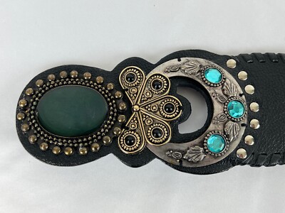 Chicos Wide Adjustable Black Leather Belt Silver Gold 