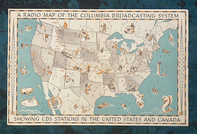 Original Travel Poster 1930s CBS Radio Pictorial Map United States Canada Music