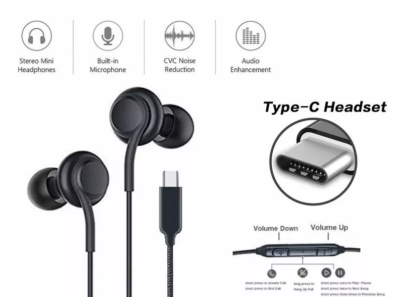 USB Type C Earohones with Mic Control for Samsung Google Pixel Headphones S21