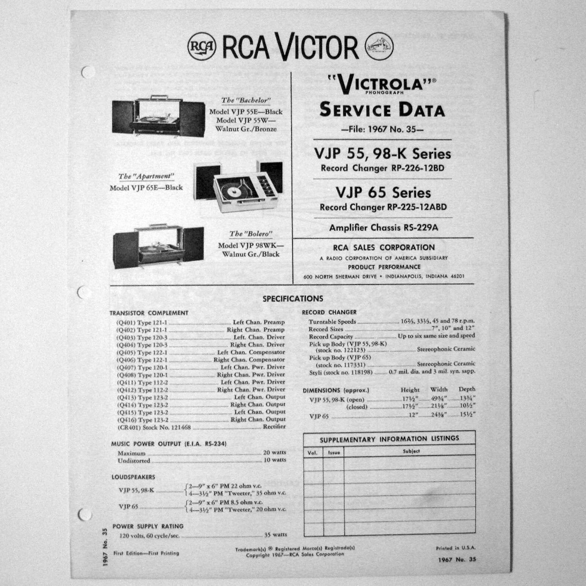 RCA ® Models VJP 55 65 98-K Series Record Player Changer Service