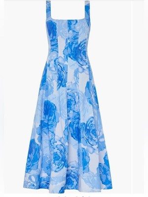 MILLY Nia Blue White Floral Midi Dress Stretch Cotton