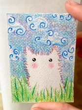 ACEO Fluffy White Cat in The Grass by ClaudiaParis Art Trading Card 2.5x3.5
