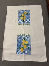 Lemon and Blue Tile Print Cotton Kitchen Tea Towel, Machine Washable, White 3/pk