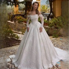 Graceful Wedding Dress Embroidered Lace On Satin Ball Gown Full Sleeve Boat Neck