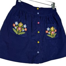 Mini Boden Girls Navy Blue Corduroy Floral Embroidered Button Front Skirt 8-9Y