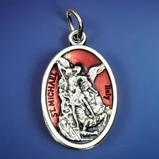 Catholic Saint Michael & Guardian Angel Red Enamel Religious Medal Italy