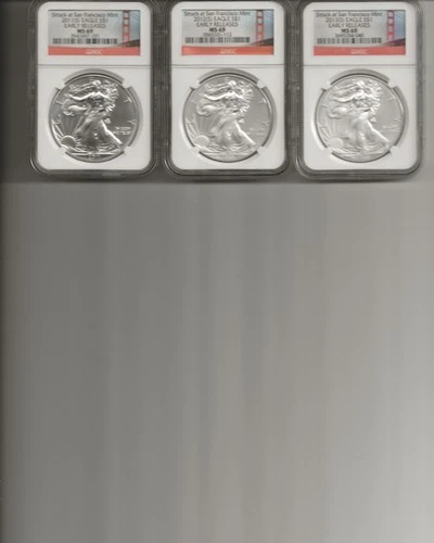 2011(S), 2012(S), 2013 (S) NGC MS69 EARLY RELEASES SILVER EAGLE