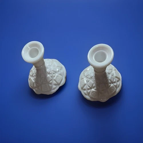 Set of 2 Westmoreland Old Quilt White Milk Glass Candle Holders Vintage