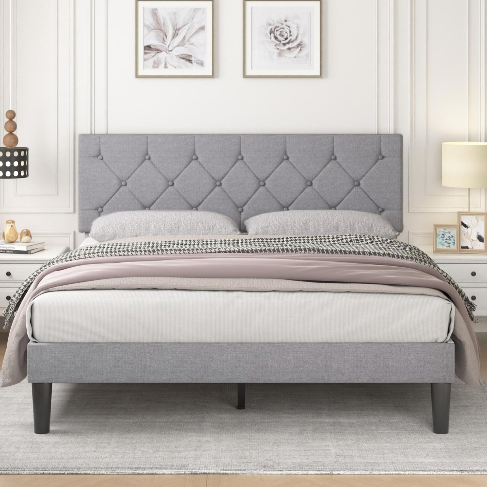 Upholstered Queen Bed Frame with Wooden Slats and Headboard, Platform Design-image