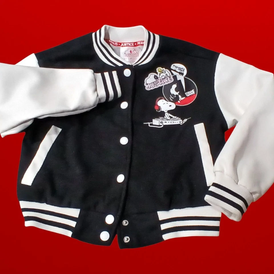 Chaqueta Peanuts Snoopy Bomber Letterman’s Niña Talla 5/6 Justice Negra Blanca XS Foto 2 de 4