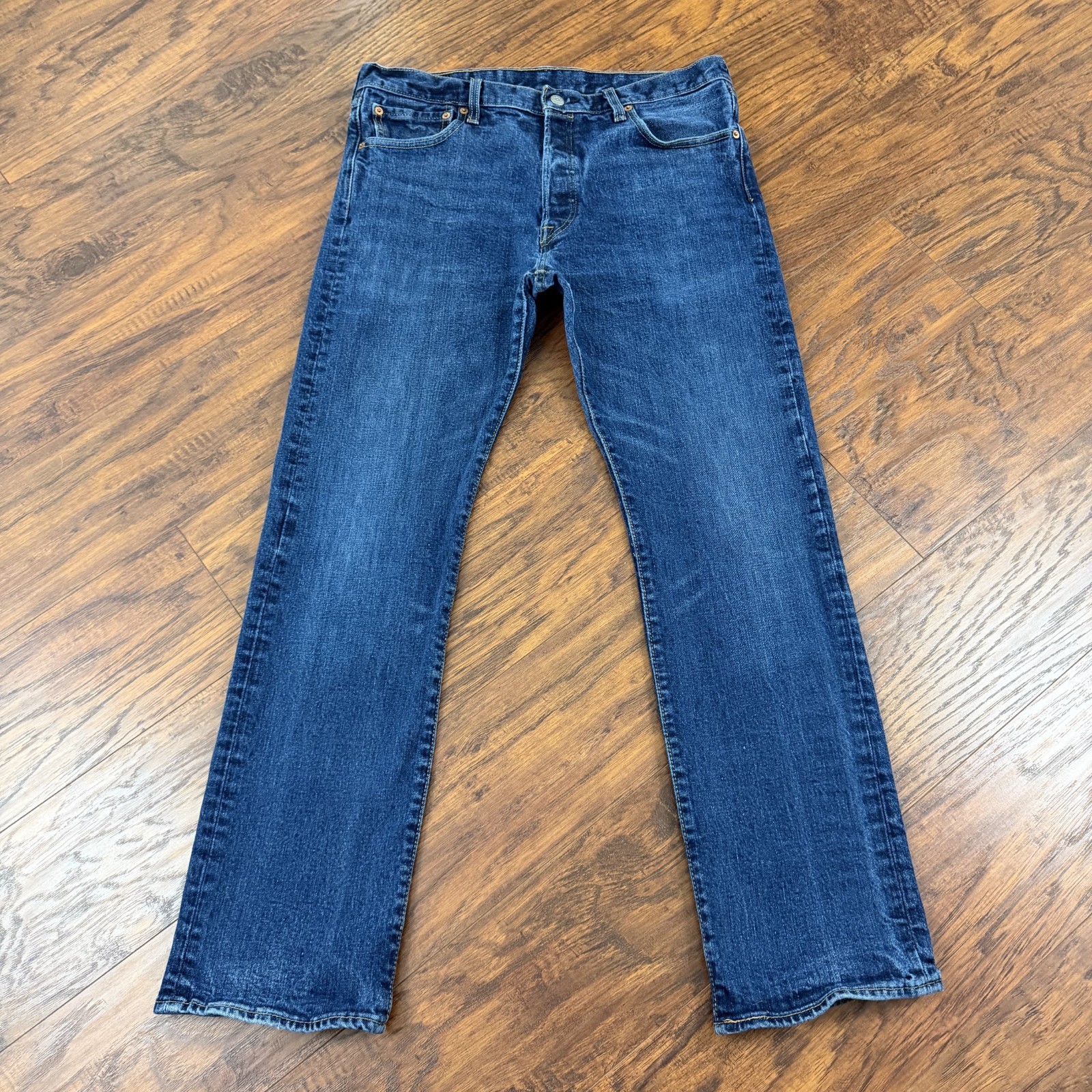 Levis 501 Jeans Mens 33 Straight Leg Button Fly Mid Rise Stretch Dark Wash Denim