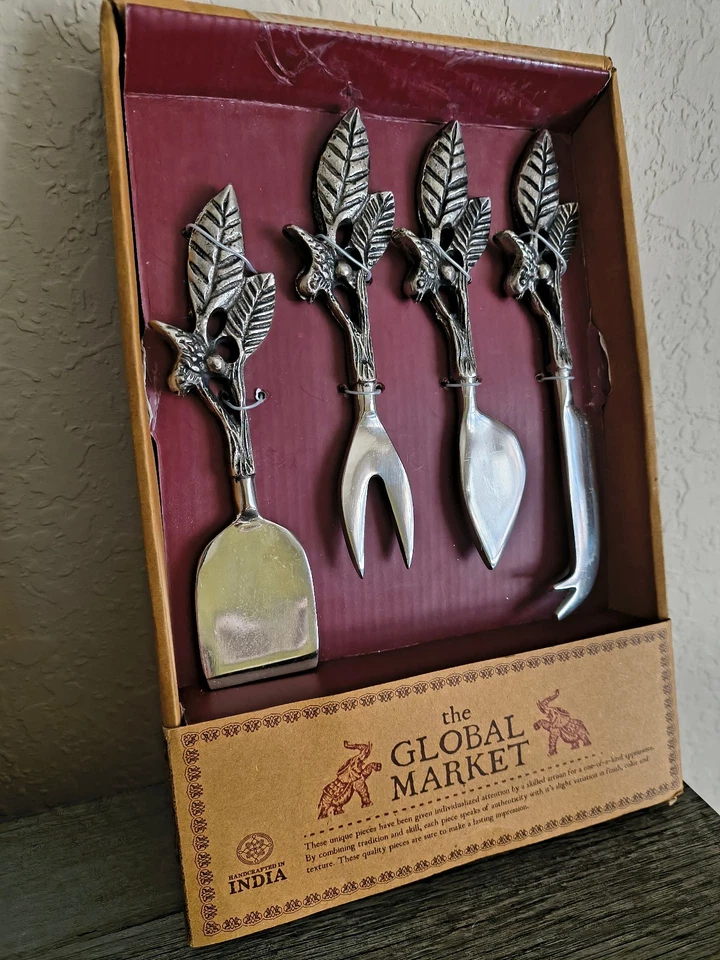 GLOBAL MARKET Juego de 4 CUCHILLOS CHARCUTERÍA QUESO Hoja Pájaro HECHOS A MANO INDIA NUEVO Foto 2 de 4