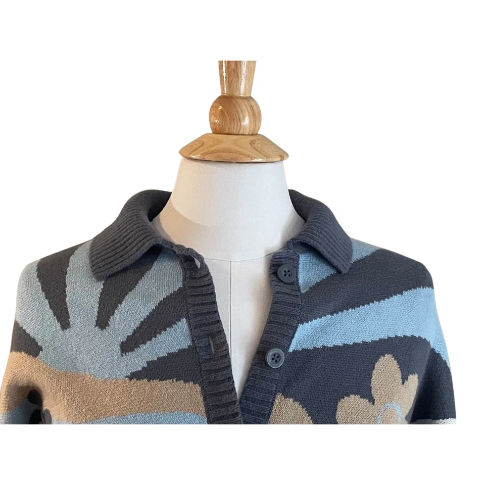 Hollister Cotton Blend Blue Cropped Cardigan, Mushrooms, Flowers, Size S - Image 2 of 4