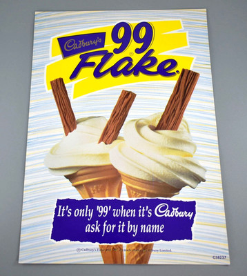 VINTAGE CADBURYS 99 FLOCKENEIS SCHAUFENSTER WERBUNG AUFKLEBER SCHILD