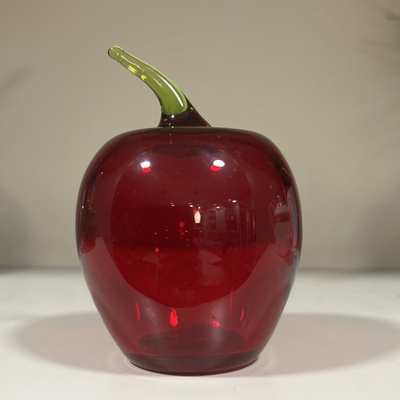 #ad Vintage Viking Glass Co. Art Glass Red Apple Applied Green Stem 4.25” Mcm $16.00