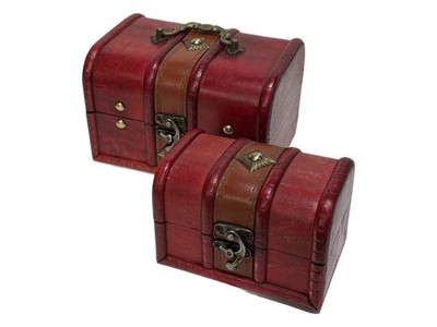 Set 2 red wooden trunk-shaped storage boxes metal accents latch closure sm & med