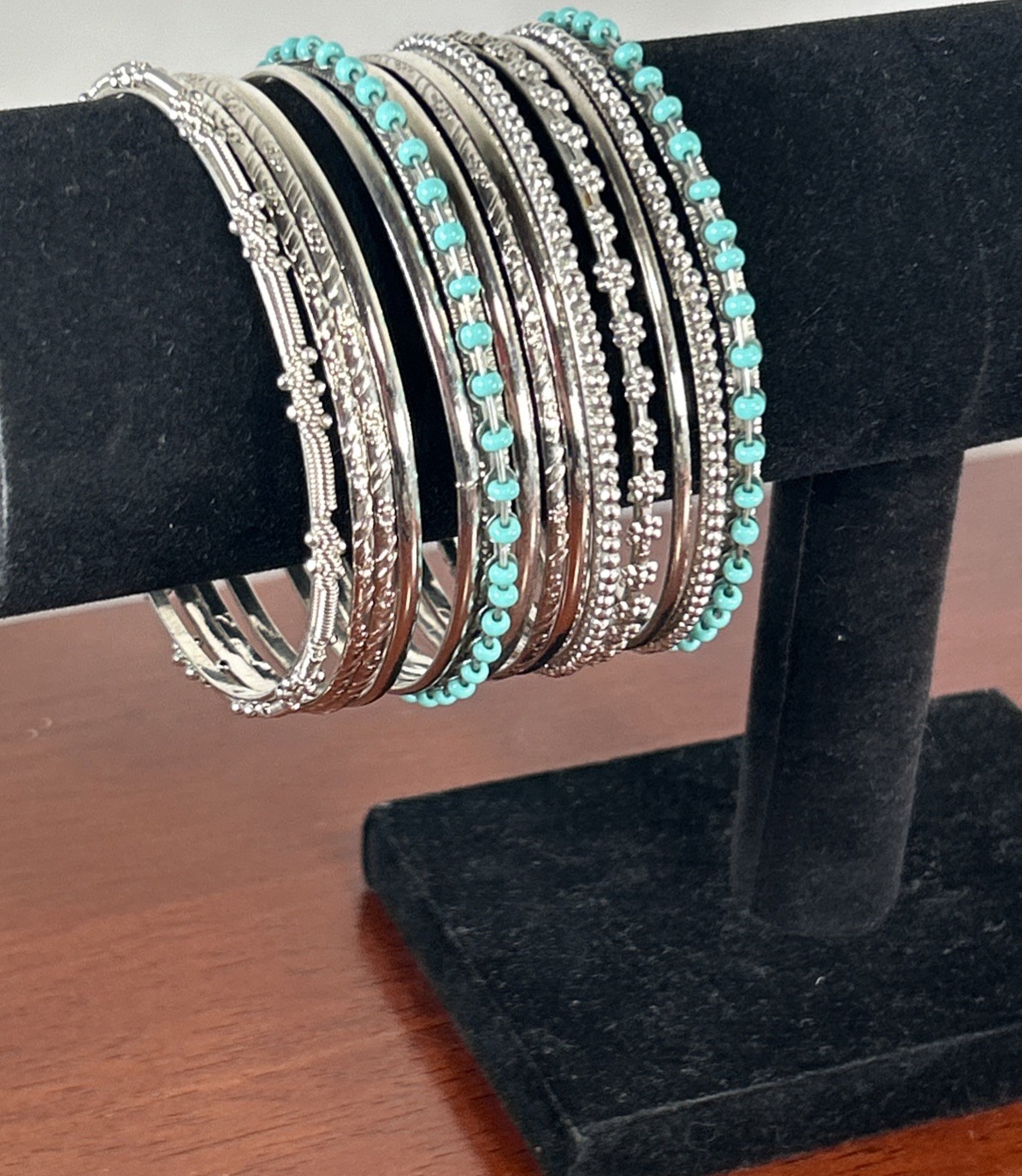 Silver Tone Stackable Metal Bangles Bracelets Tex… - image 3