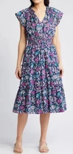 Rails Amellia Leilani Floral Tiered Ruffle Cotton V-Neck Midi Dress Size X-Small