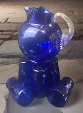 VTG Hand Blown Cobalt Blue Glass Pitcher & 6 Tumblers Set Art Deco Harpo Style