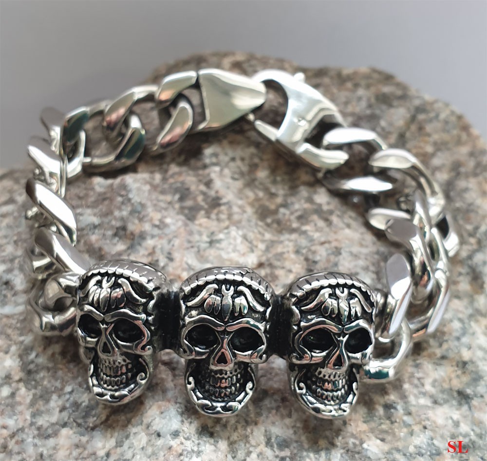 Bracelet triple tête de mort en acier inoxydable massif pour homme biker