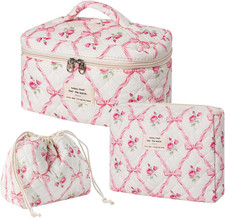 3pcs Large Cotton Quilted Makeup Bag Set,Coquette Aesthetic Cute Travel Toiletry