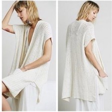 Free People Sloppy Pocket Duster Cardigan Sz S Knit Open Front Ivory Cream Boho