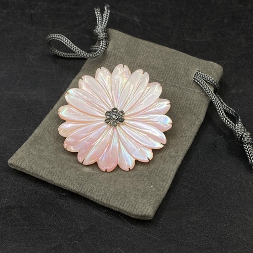 Brooch Carved Shell Pink Flower 40mm 925 Silver Back & Pin in Jewellers Pouch