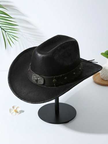 Unisex Boho Cowboy/Cowgirl Hat - Cattle Head & Belt Decor, Soft Felt, for Party - Picture 15 of 25