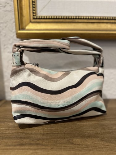 VTG Studio Pollini Ivory Leather Shoulder Bag Multicolor Striped M Lined NWOT - Picture 12 of 12
