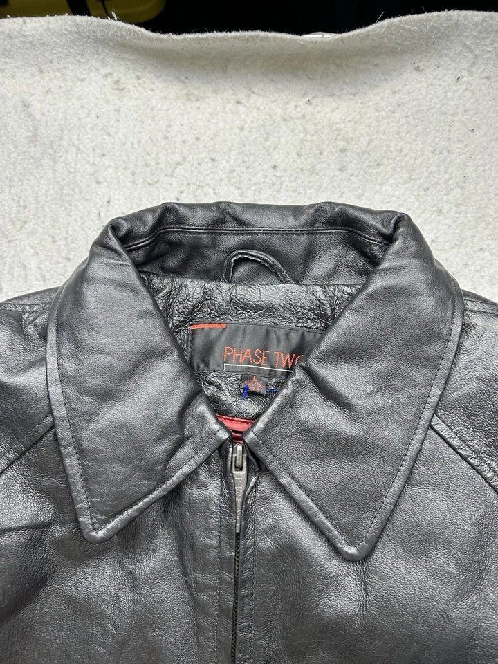 Vintage Mens Phase Two Leather Bomber Pilot Jacket Full Zip 90s Size Large Black - Image 4 of 4