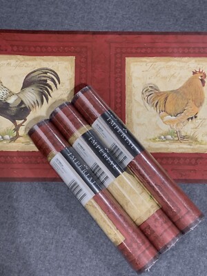 Tuscan Brick Red Rooster Hen Chicken Frame Beige Wall paper Border 3 spools