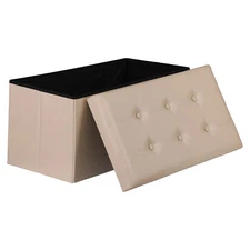 Entryway Folding Storage Ottoman Bench MDF Leather Finish 30 x 15 x 15", Beige
