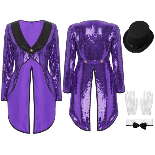 Women Sequin Tuxedo Jacket Tailcoat Halloween Magician Costume with Accessories - Picture 42 of 56