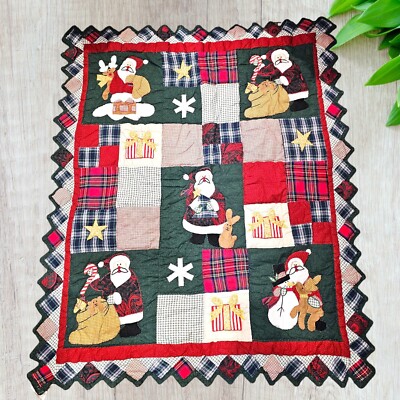 VTG Quilted Patchwork Christmas Throw Blanket Santa Reindeer Paisley Plaid 50x60
