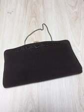 Vintage 1950s Mid Century Crown Snap Brown Cotton Clutch Hand Bag Purse Swing