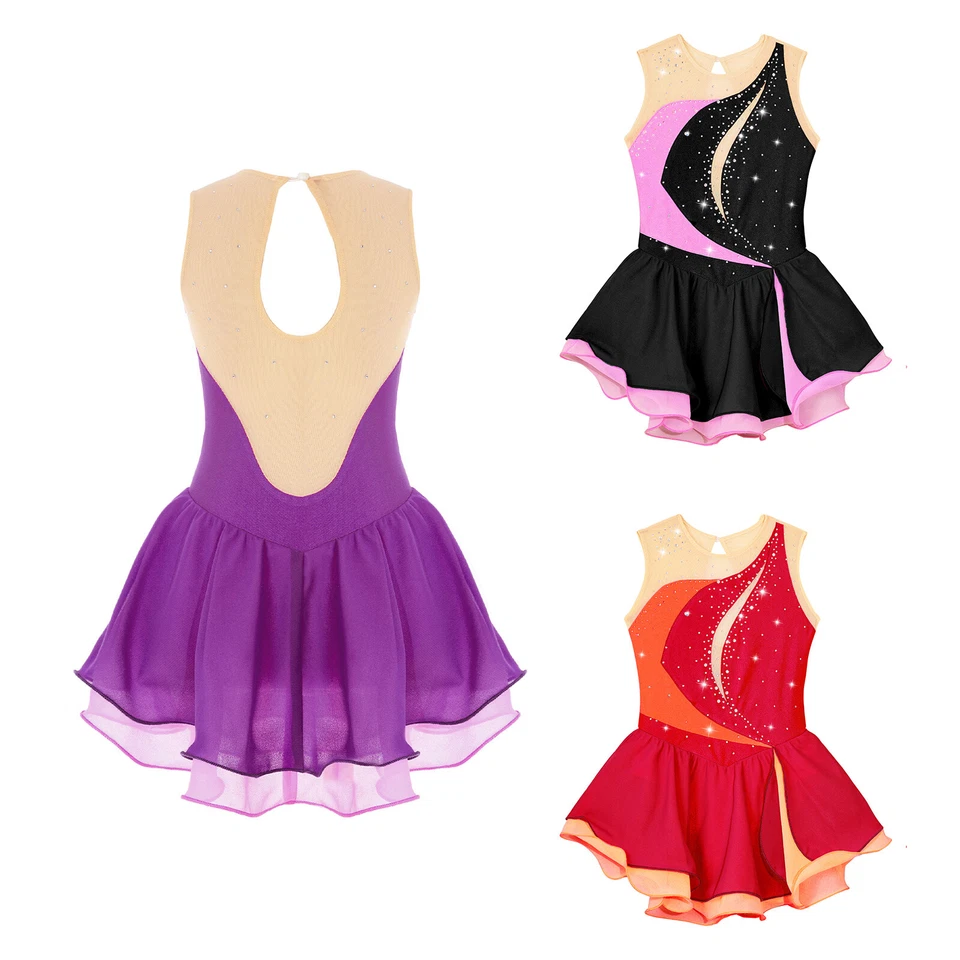 Girls Dancewear Ballroom Dress Gymnastics Leotard Sparkle Unitard Kids Costume - Image 4 of 4