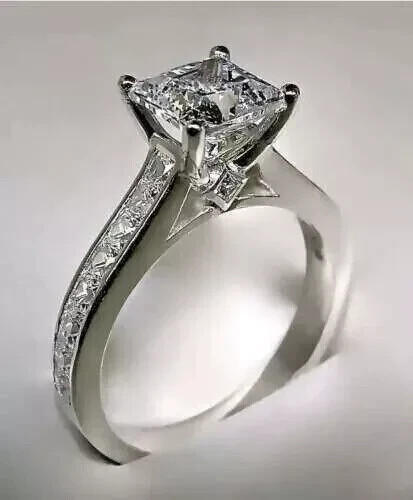 3.00Ct Princess Cut Simulated Diamond Women's Wedding Ring 14K White Gold Plated - Foto 2 di 7