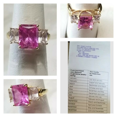 Kay Jewelers 10k Yellow Gold Pink lab created sapphire 3 stone ring w/ receipt - 第 1/12 張圖片