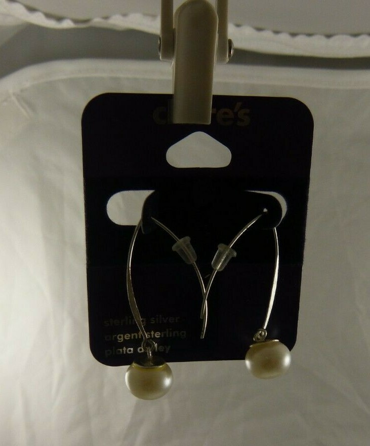 Sterling Silver dangle faux pearl wire earrings .925 Claire's Earring
