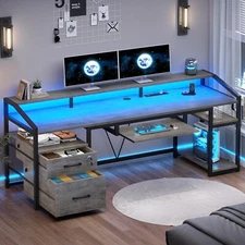 63" Computer Desk with LED Lights &Power Outlet, Home Office Desk with 2 Drawers