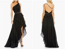 MAC DUGGAL 49532 PLEATED ONE SHOULDER ASYMMETRICAL RUFFLE HEM BLACK GOWN  sz 12