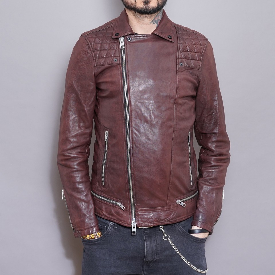 ALL SAINTS OXBLOOD CONROY Leather Jacket EXTRA SMALL Mens Red Brown