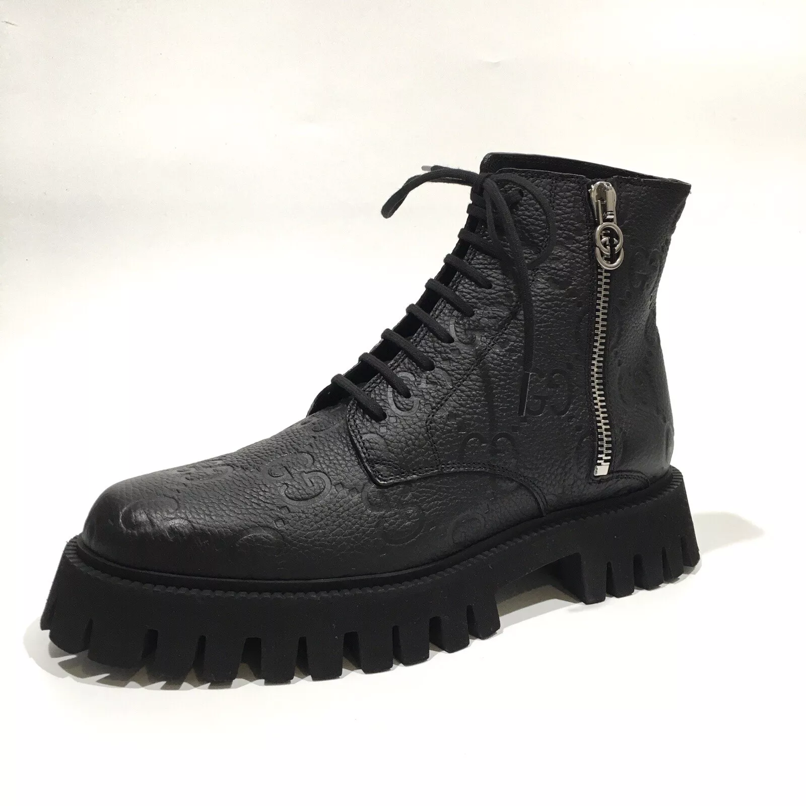 BOTTINES GUCCI GG SUPREME COMBAT   CUIR NOIR   HOMME US 10   NEUVES