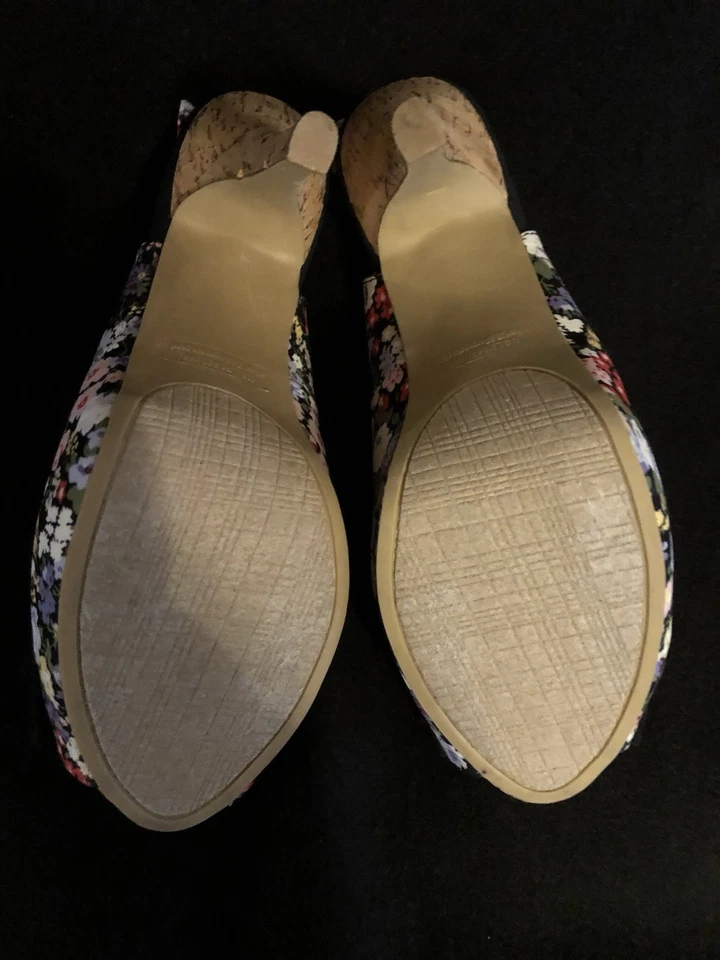 Rampage Black Floral Cork Heel Peep Toe Stiletto Shoes ~ Size 9 1/2 M - Image 4 of 4